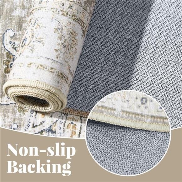 Washable Area Rug 3x5 Low Pile - Entryway Rug Boho Taupe Floral Print Rug - Picture 5 of 7